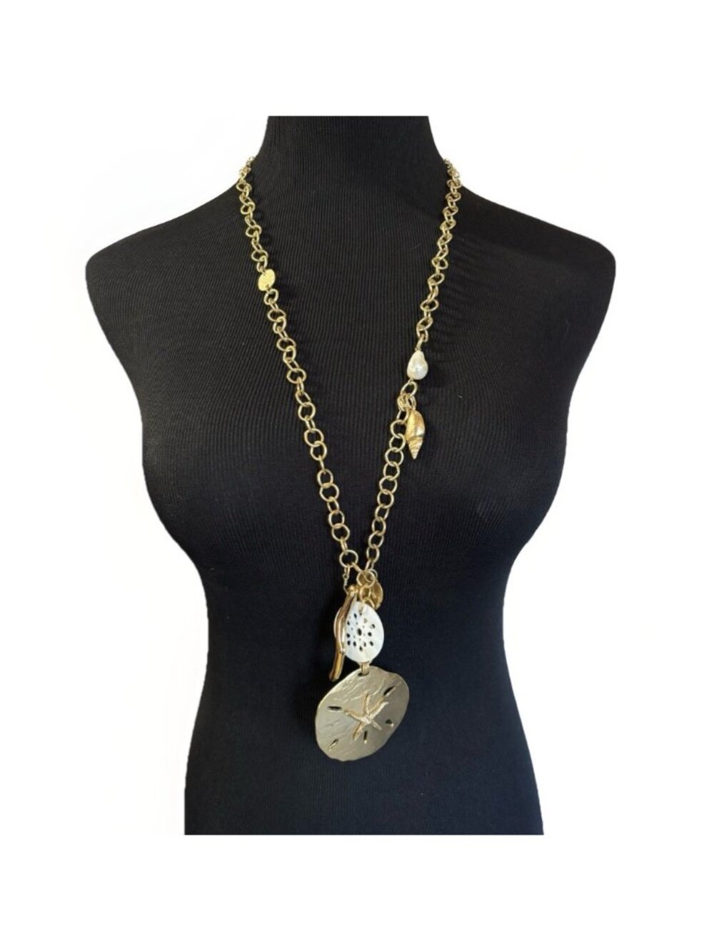 Chico's Gold Tone Beachy Chain Necklace Pendant Charm Sand Dollar Faux Pearl